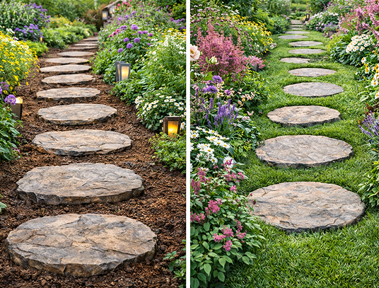 Пошаговые плиты в садовой дорожке